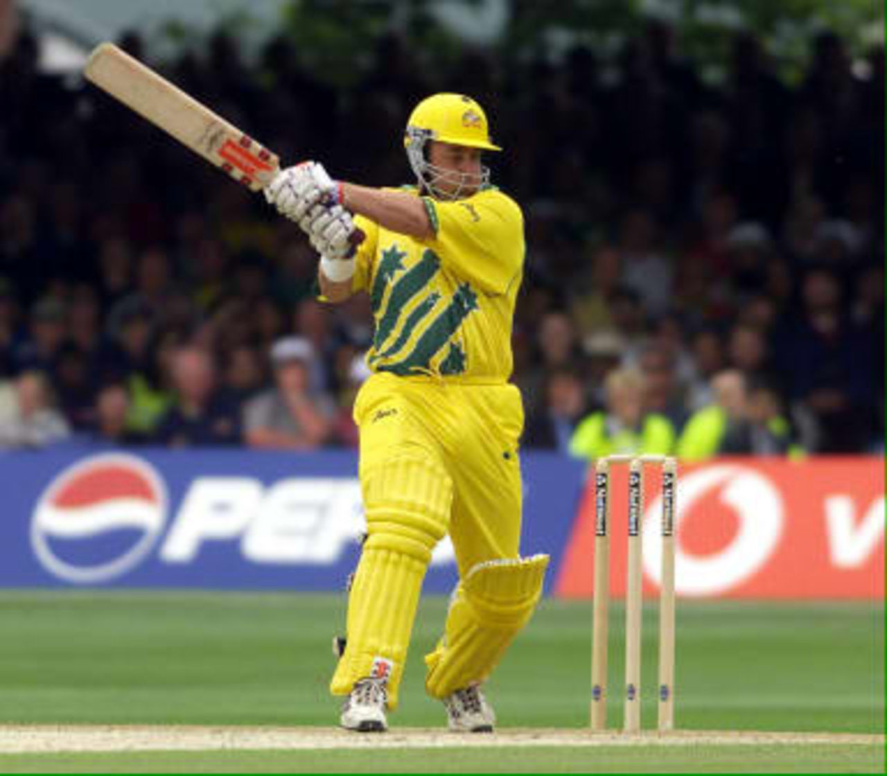 Australia's Darren Lehmann hits out during the Cricket World Cup final against Pakistan at Lords in London. Australia won by 8 wickets. 20 June 1999.