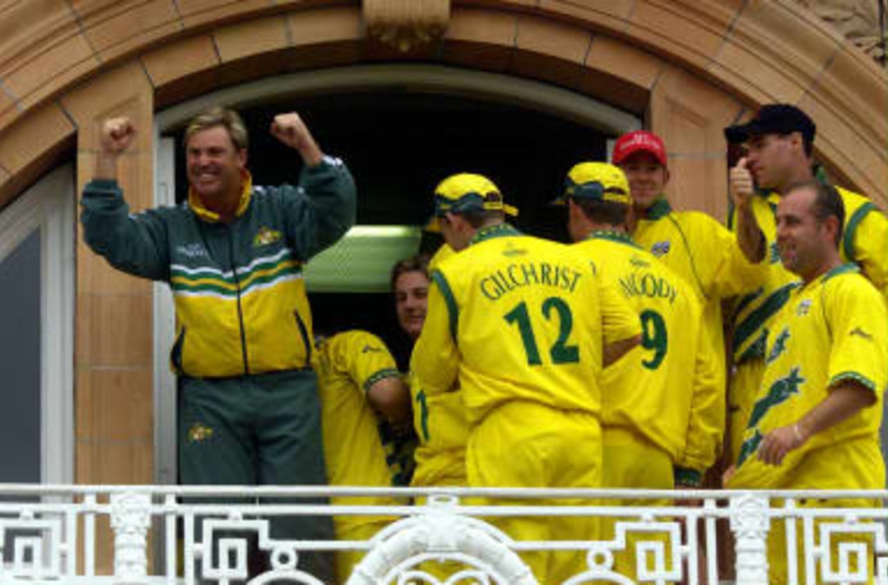 Australia's man-of-the-match Shane Warne (Left) reacts to the crowd after Australia won the Cricket World Cup by beating Pakistan by 8 wickets at Lords in London, 20 June 1999.