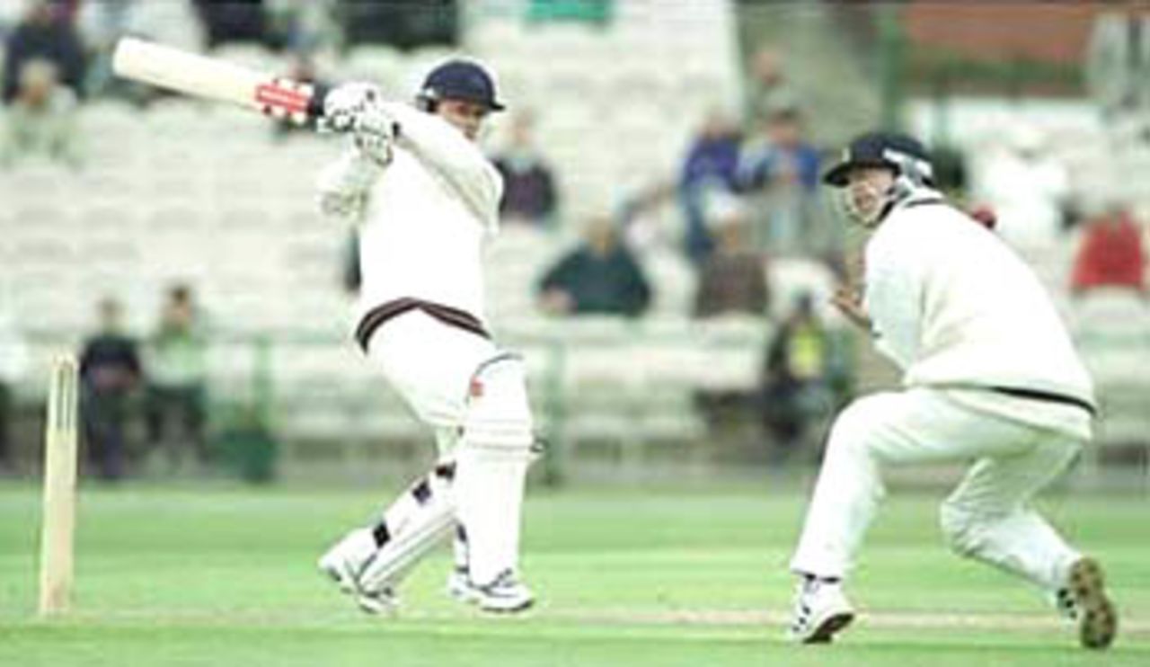 Wood pulls the ball as Dowman takes evasive action, PPP healthcare County Championship Division One, 2000, Lancashire v Derbyshire, Old Trafford, Manchester, 31May-03June 2000.