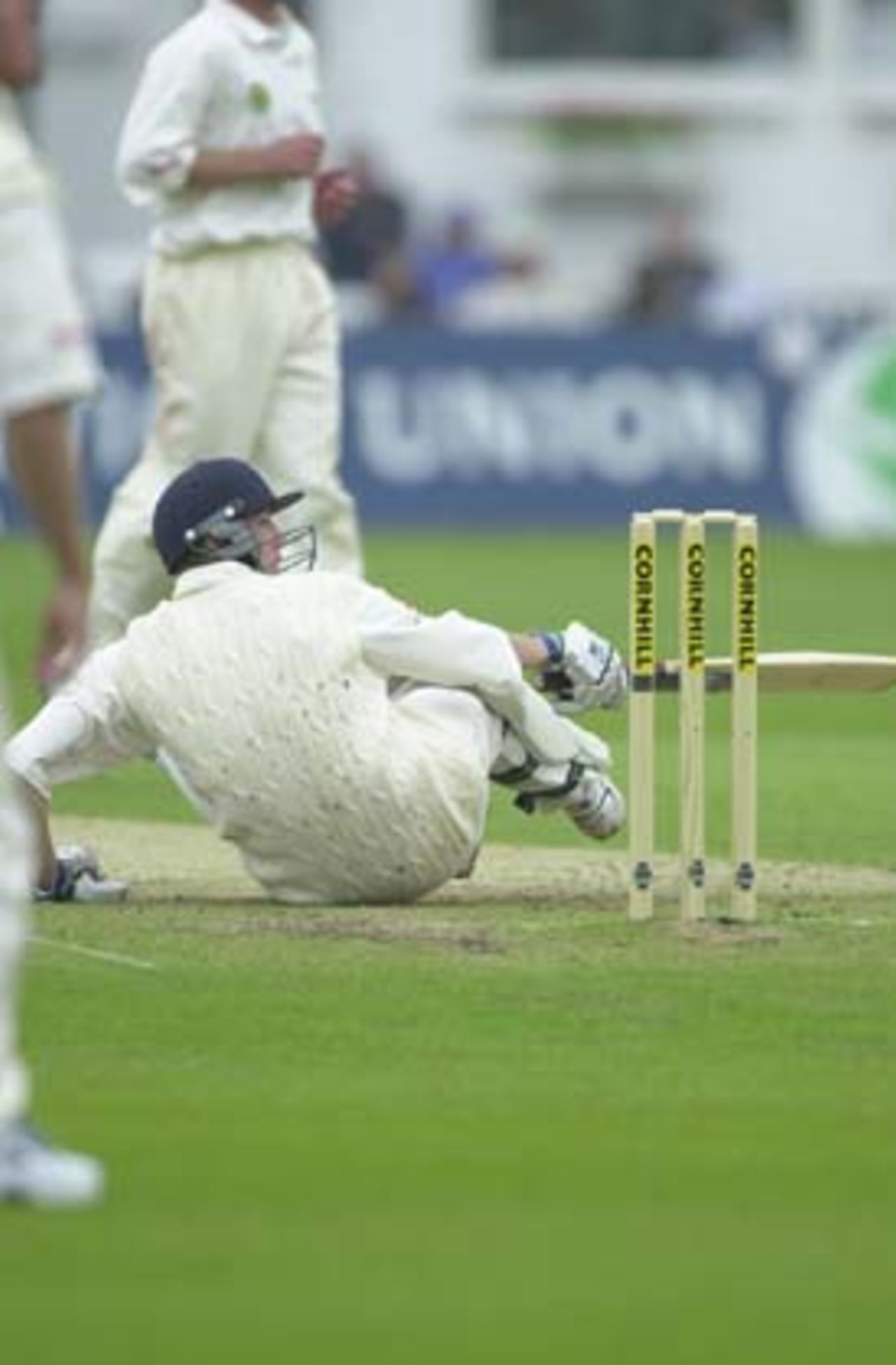 Chris Schofield slipping over, after hooking the ball just clear of long leg