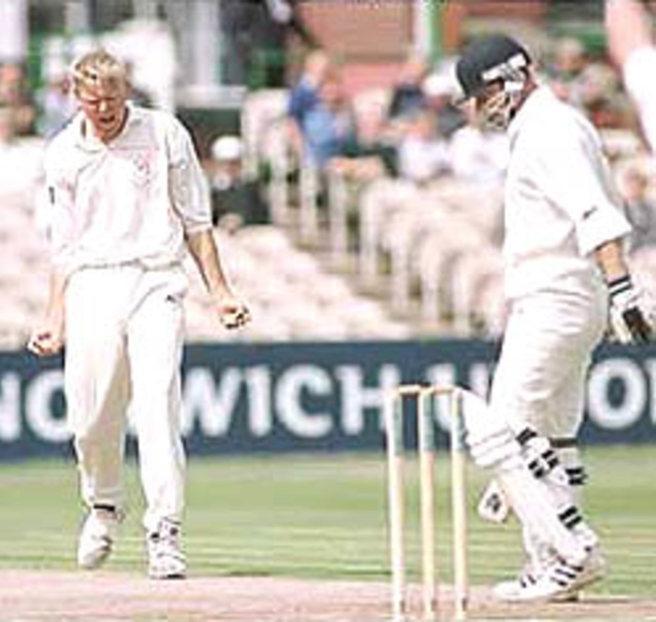 Martin all pumped up after traping Dowman leg before, PPP healthcare County Championship Division One, 2000, Lancashire v Derbyshire, Old Trafford, Manchester, 31May-03June 2000.