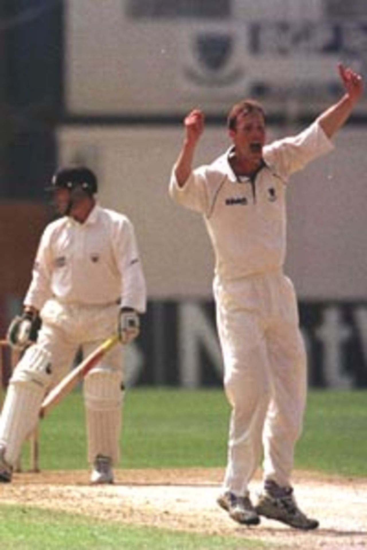 9 May 2000. Robin Martin-Jenkins appeals unsuccessfully for lbw against Ian Harvey of Gloucestershire during the Benson & Hedges Quarter Final match at the County Ground at Hove in Sussex