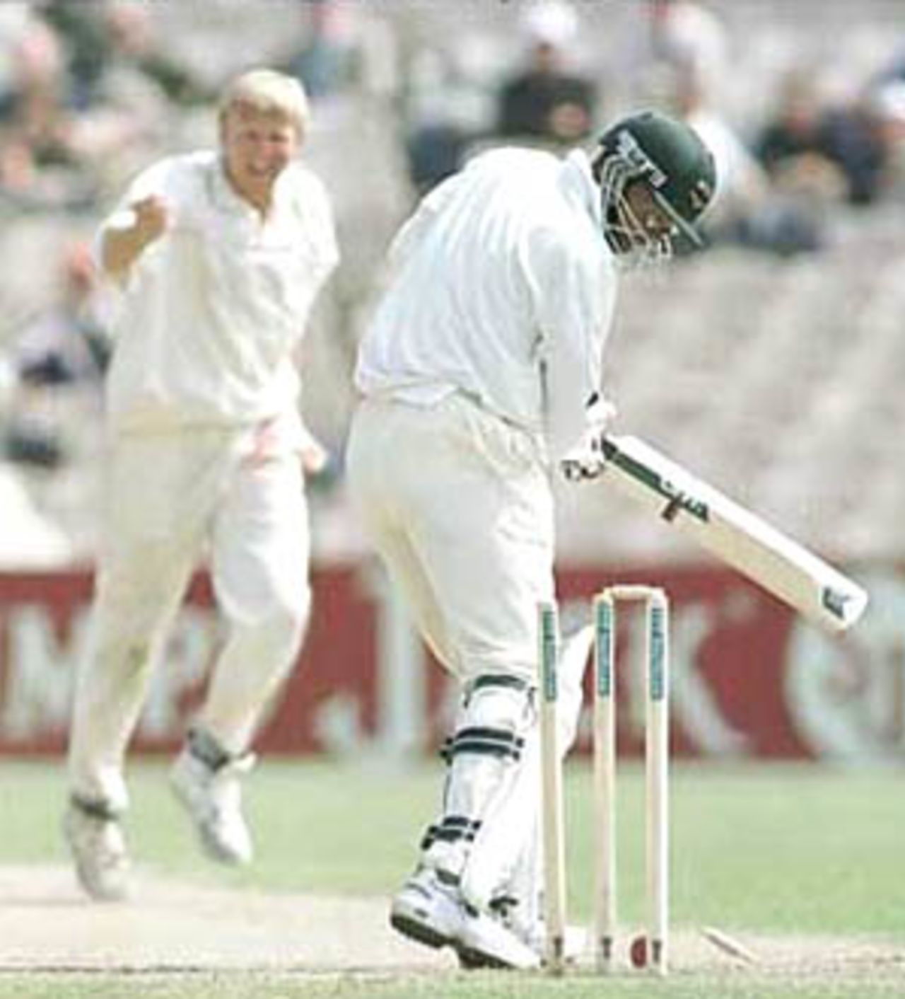 Phil Defreitas is bowled by Peter Martin, PPP healthcare County Championship Division One, 2000, Lancashire v Leicestershire Old Trafford, Manchester, 3-6 May 2000.