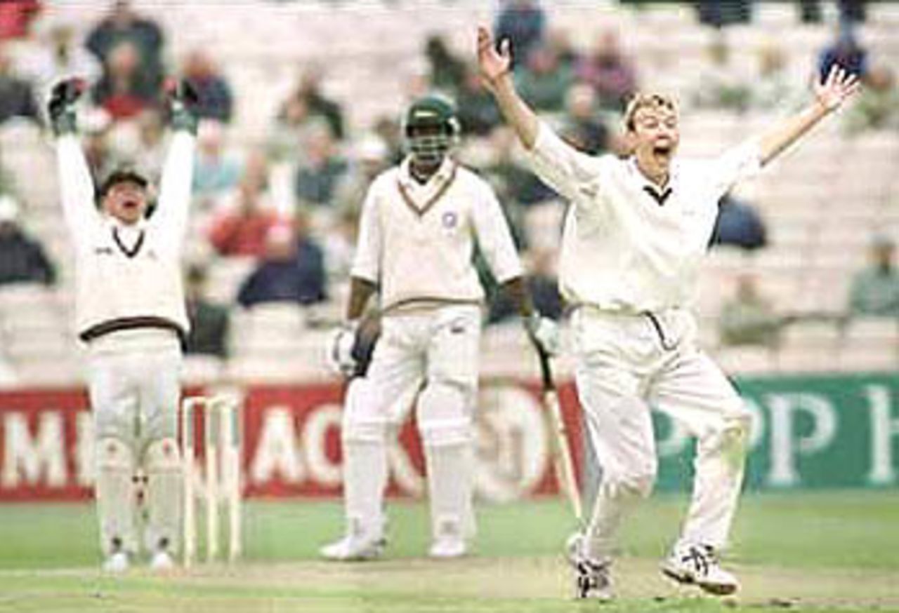 Chris Schofield appeals for an LBW against Chris Lewis, PPP healthcare County Championship Division One, 2000, Lancashire v Leicestershire Old Trafford, Manchester, 3-6 May 2000.