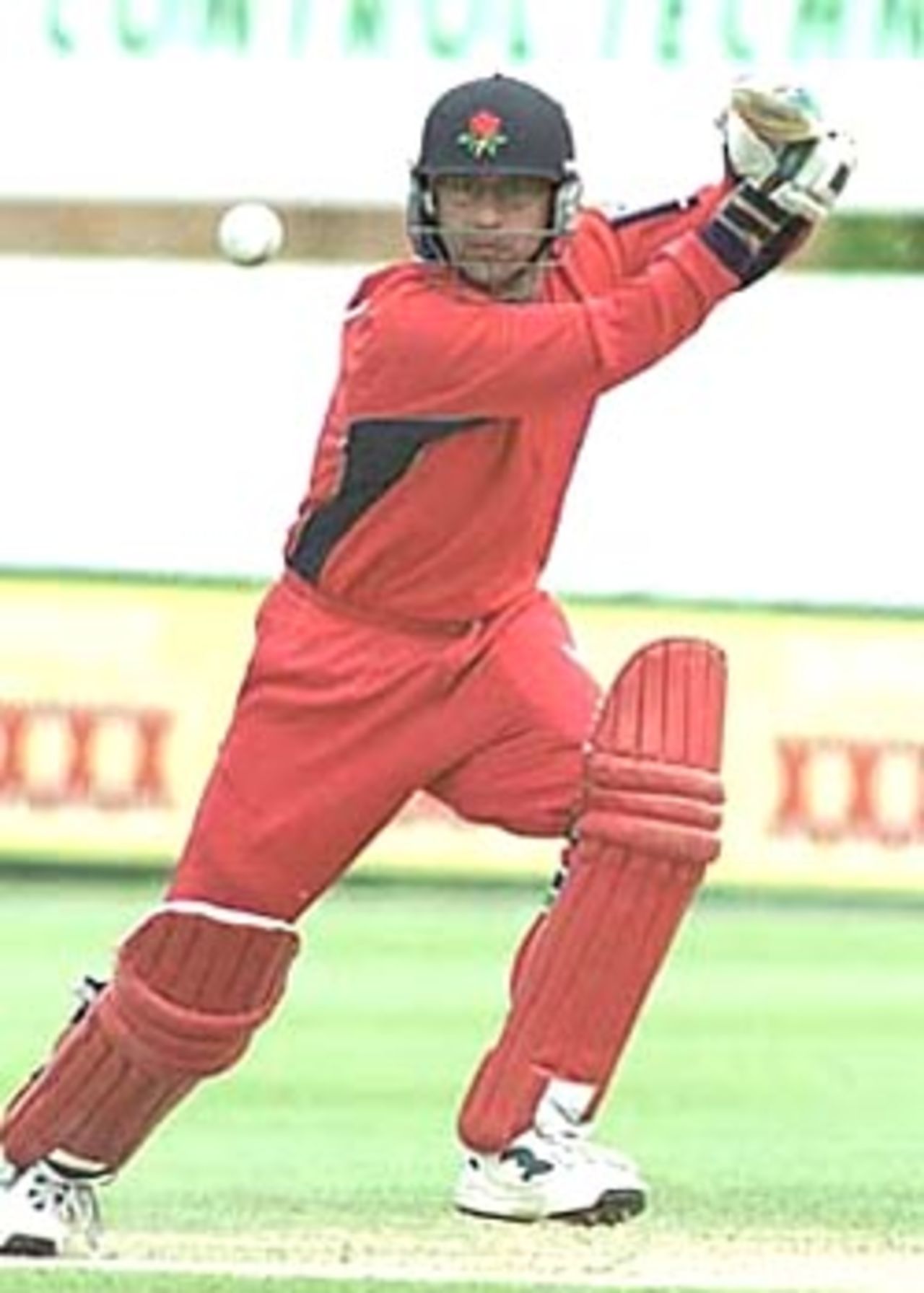 The be-spectacled Scuderi plays the drive, National League Division One, 2000, Northamptonshire v Lancashire, County Ground, Northampton, 4 June 2000.