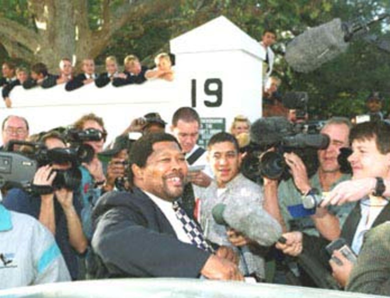 South African Sports Minister Ngconde Balfour arrives 07 June 2000 in Cape Town for the first sitting of the King Commission, which is investigating irregularities in South african cricket, in particular accusations of match-fixing and accepting bribes against former South African cricket captain Hansie Cronje. Cronje is one of 49 witnesses, who will be called to testify before the commission.