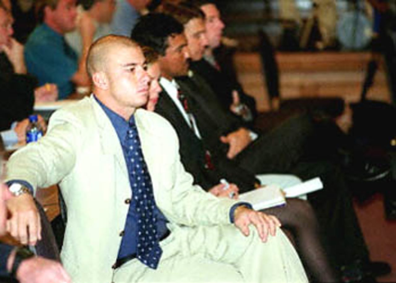 South African batsman Herschelle Gibbs listens 08 June 2000 during the first sitting of the King Commission in Cape Town. Gibbs was to give evidence before the King Commission into corruption in South African cricket. Gibbs was the subject of a conversation taped by Indian police in March when sacked South African Hansie Cronje appeared to tell bookmaker Sanjiv Chawla that Gibbs would make 'less than 20' runs in a one-day international in Faridabad, India.