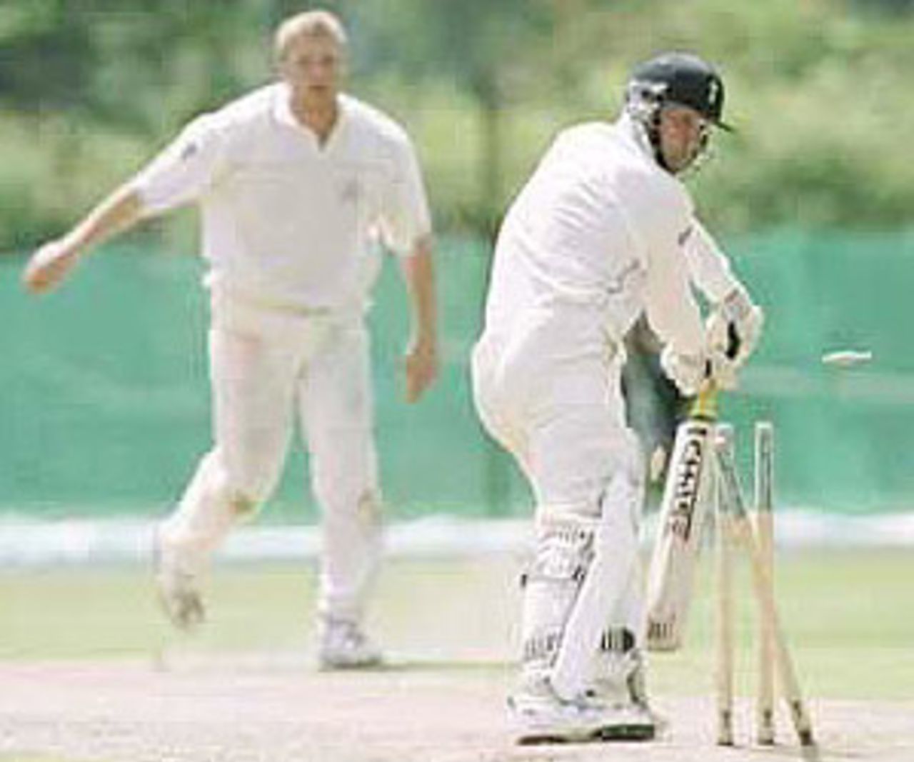 Simon Renshaw looks back to see his stumps shattered by Flintoff, PPP healthcare County Championship Division One, 2000, Lancashire v Hampshire, Aigburth, Liverpool, 06-09 June 2000 (Day 3).