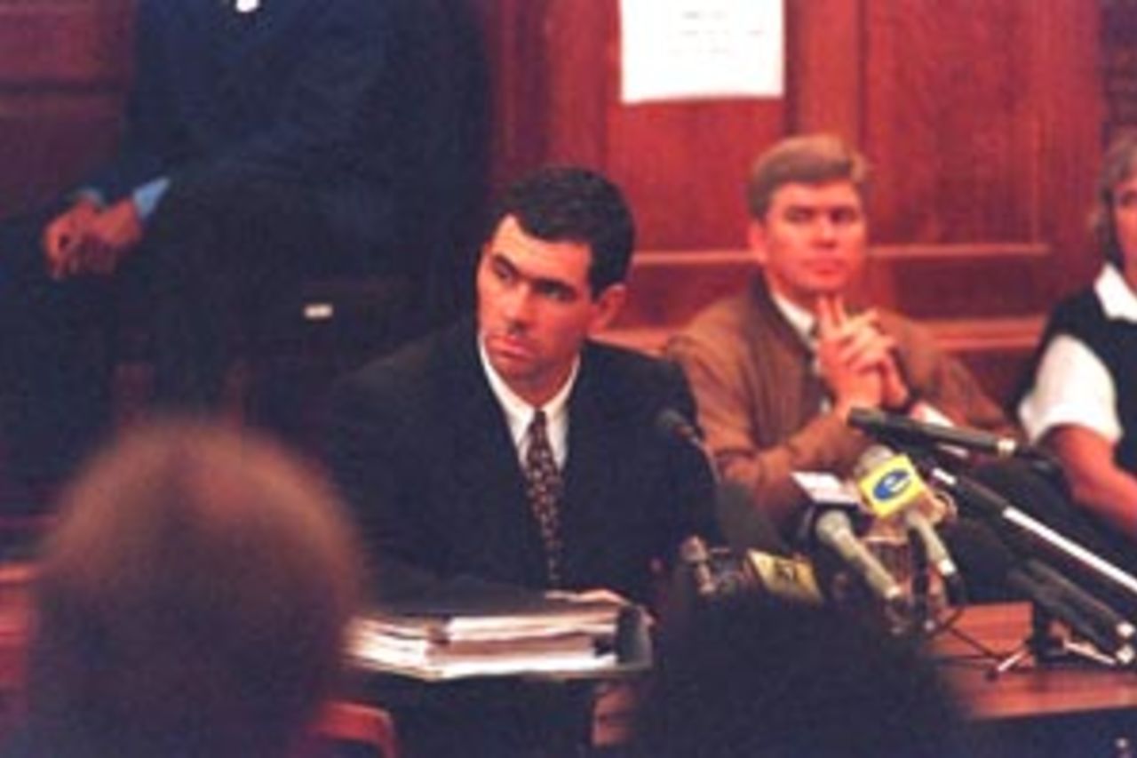 15 Jun 2000: Hansie Cronje, the former South African cricket captain begins his trial at the King Commission at the Centre of the Book, Queen Victoria Street, Cape Town, South Africa.
