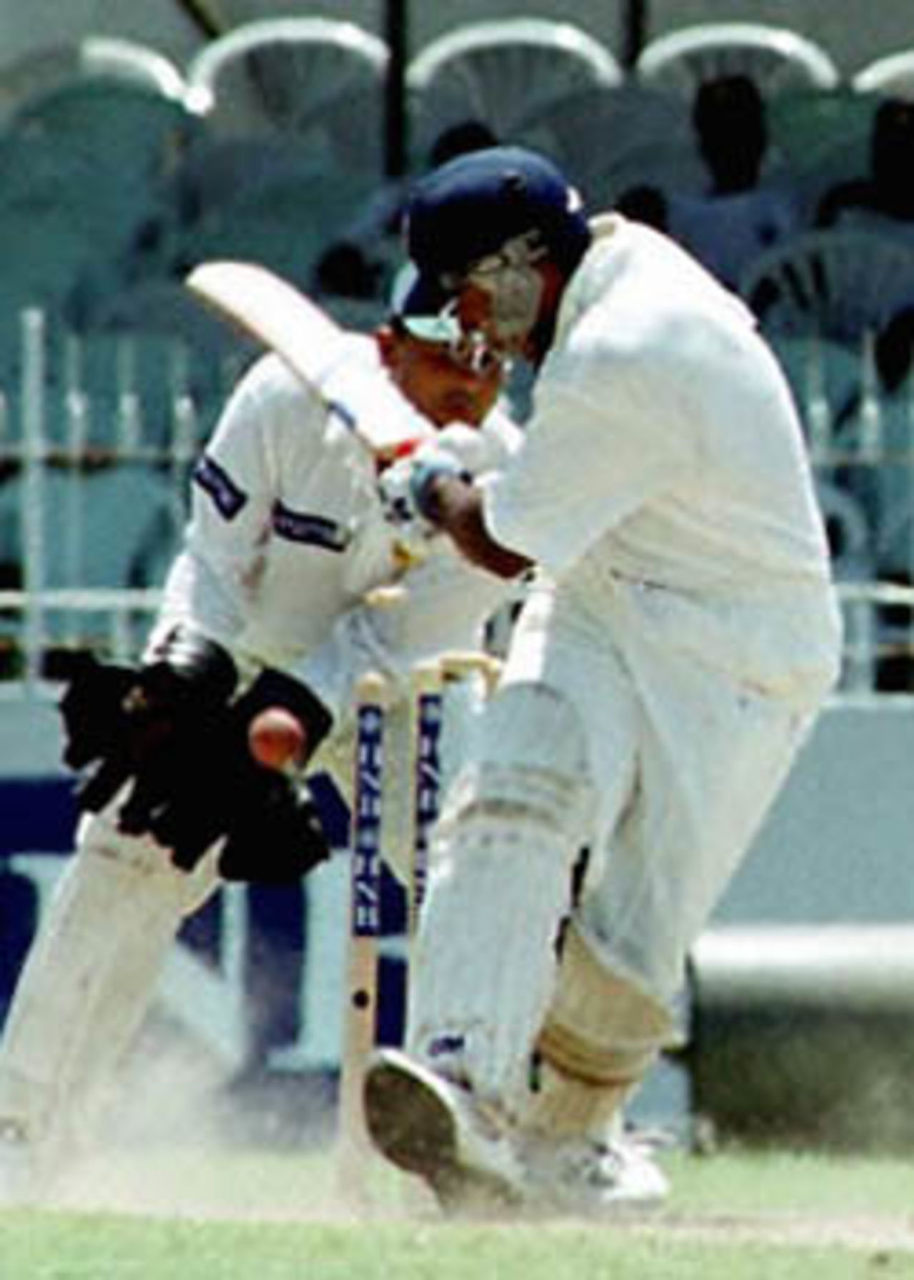 Sri Lankan cricket batsman Chaminda Vaas is bowled round his legs by Pakistan spinner Mushtaq Ahmed in their first Test in the capital Colombo. Sri Lanka were all out for 273. Pakistan in Sri Lanka, 1999/00, 1st Test, Sri Lanka v Pakistan, Sinhalese Sports Club Ground, Colombo, 14-18 June 2000 (Day 2).