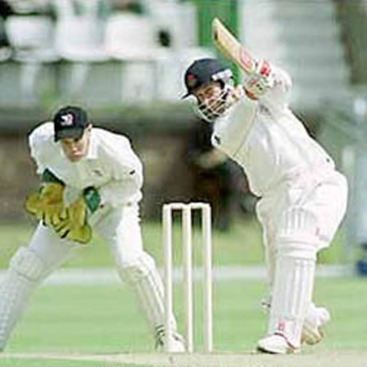 John Crawley drives on the way to 156, New Zealand 'A' in England, 2000, Lancashire v New Zealand 'A', Aigburth, Liverpool, 13-16 June 2000 (Day 1).