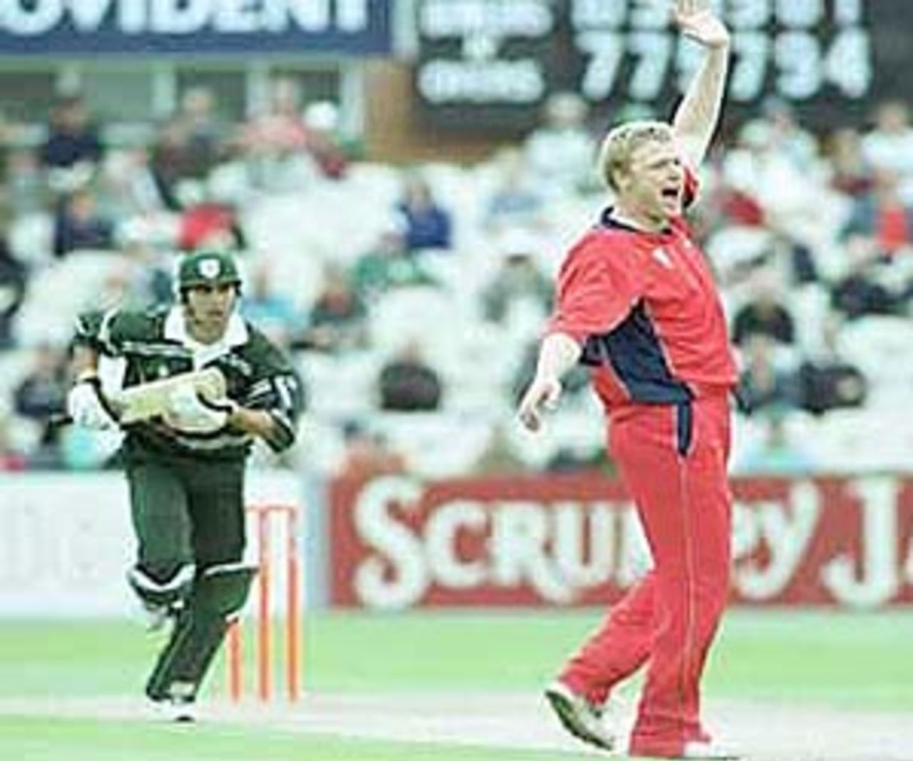 Andrew Flintoff appeals for an LBW against Solanki, National League Division One, 2000, Lancashire v Worcestershire, Old Trafford, Manchester 11 June 2000.