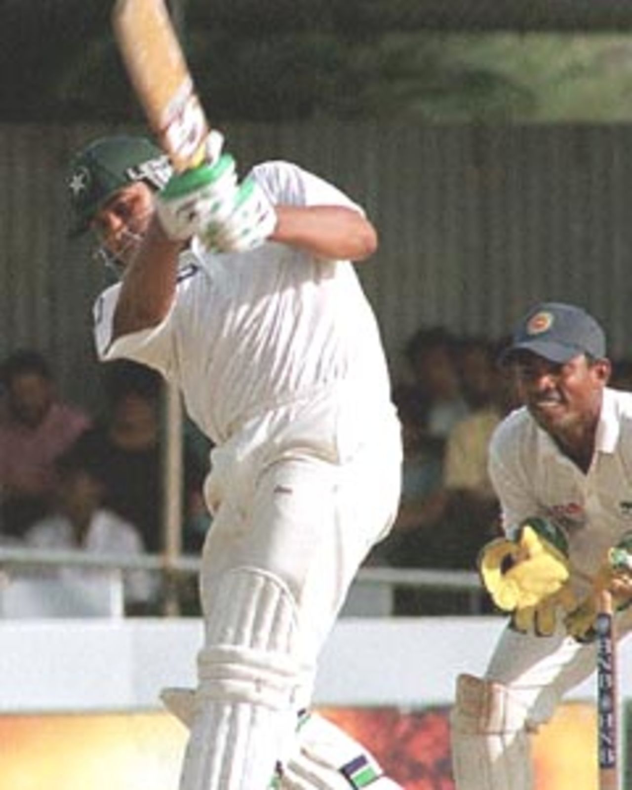 Pakistani batsman Inzamam-Ul-Haq drives a ball on his way to a century 22 June 2000 on the second day of the second cricket Test against Sri Lanka. Pakistan in Sri Lanka 1999/00, 2nd Test, Sri Lanka v Pakistan, Galle International Stadium, 21-25 June 2000. Day 2