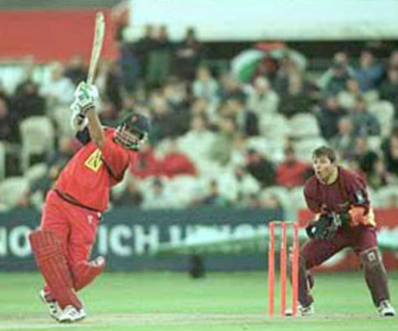Ganguly steps down the track to drive the ball, National League Division One, 2000, Lancashire v Northamptonshire, Old Trafford, Manchester, 23 June 2000.