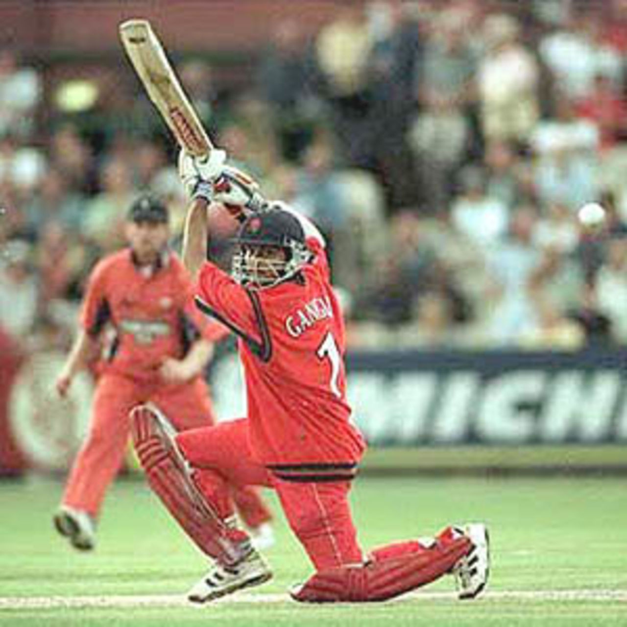 Sourav Ganguly square drives the ball past point, National League Division One, 2000, Lancashire v Yorkshire, Old Trafford, Manchester, 27 June 2000.