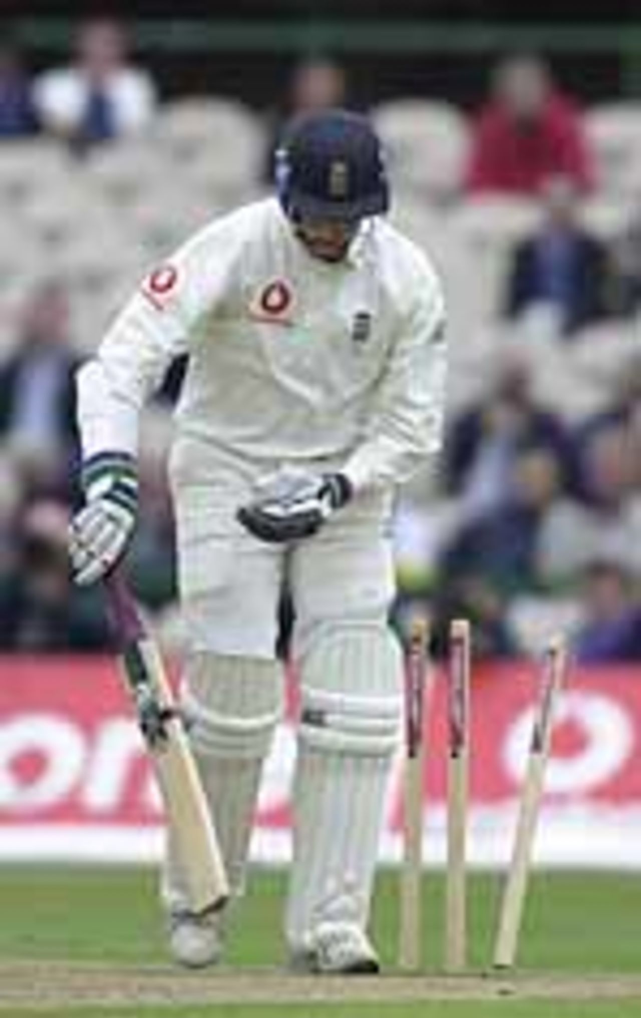 Marcus Trescothick is bowled by Akram