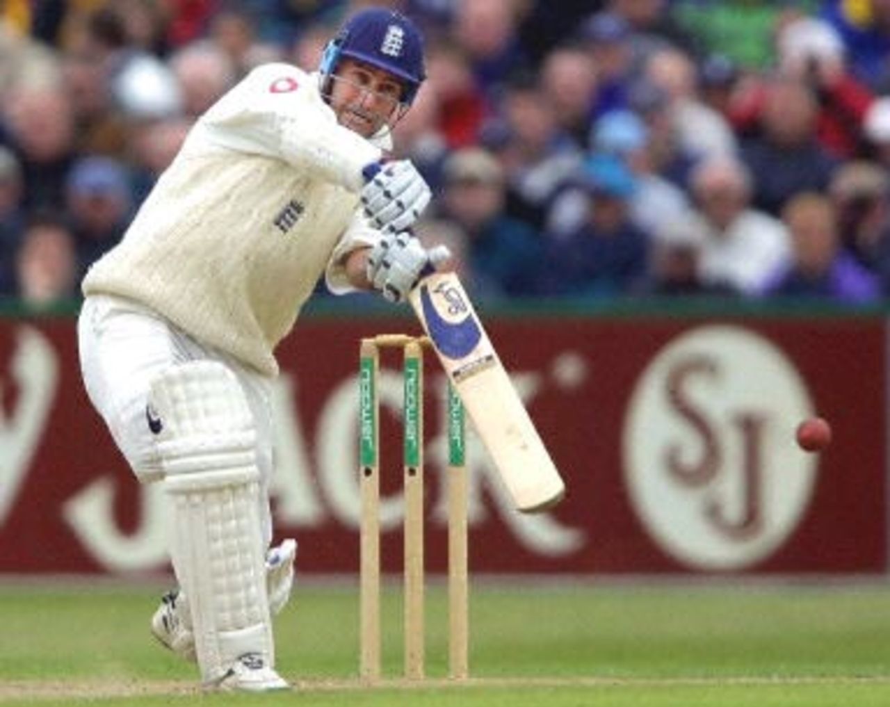 Graham Thorpe driving the ball, day 2, 2nd Test at Old Trafford, 17-21 May 2001.