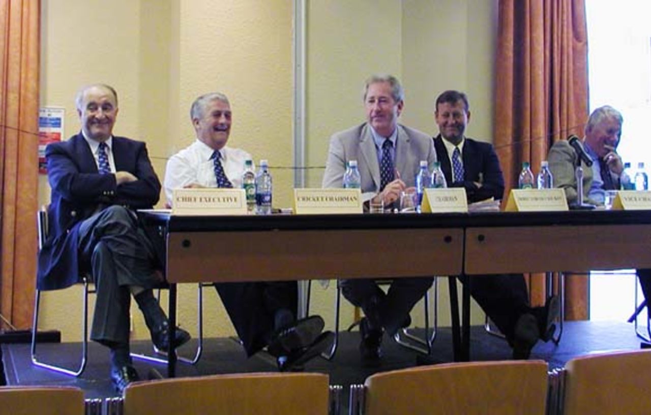 A light hearted momemnt at Hampshire's extraordinary general meeting - left to right Tony Baker (Chief executive), Dave Robinson (Cricket Chairman), Rod Bransgrove (Chairman), Tim Tremlett (Director of Cricket), Bill Hughes (Vice-chairman)