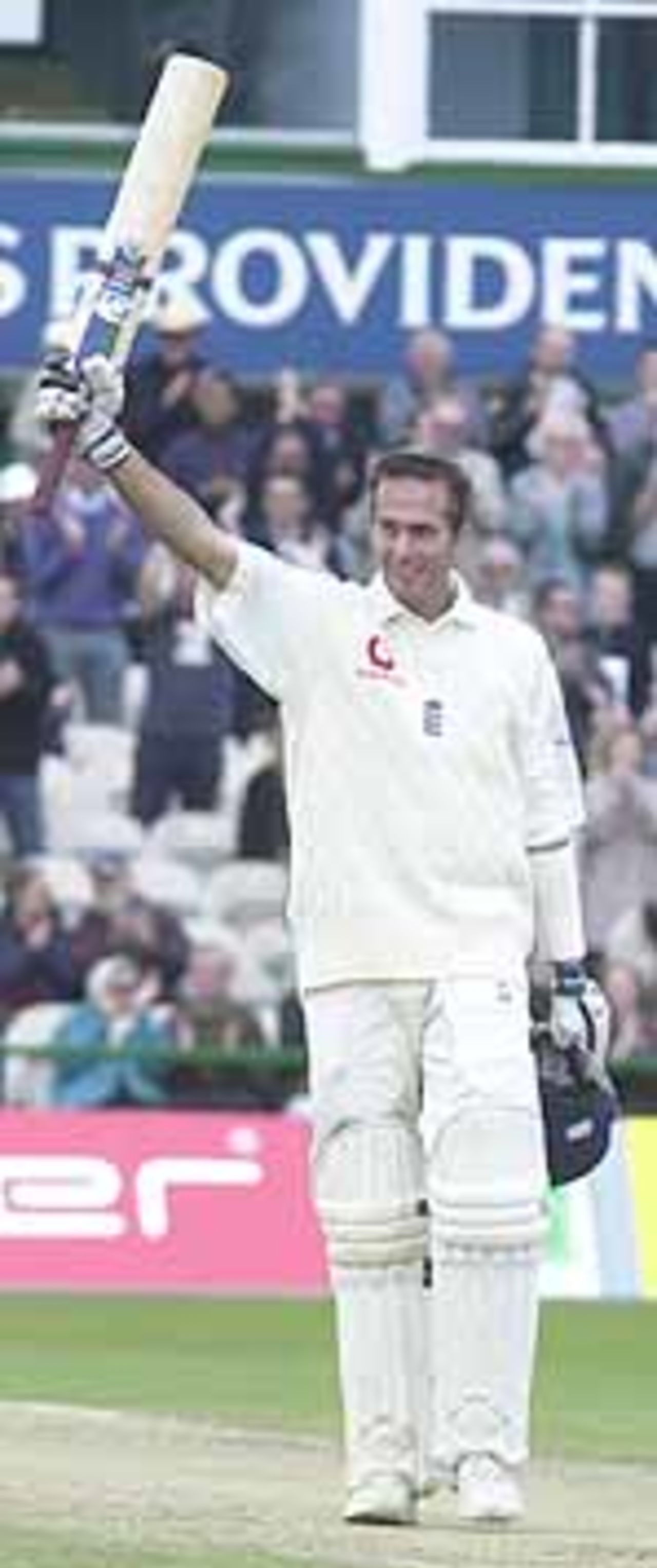Vaughan celebrates his maiden Test century, 3rd day, 2nd Test, England v Pakistan at Old Trafford