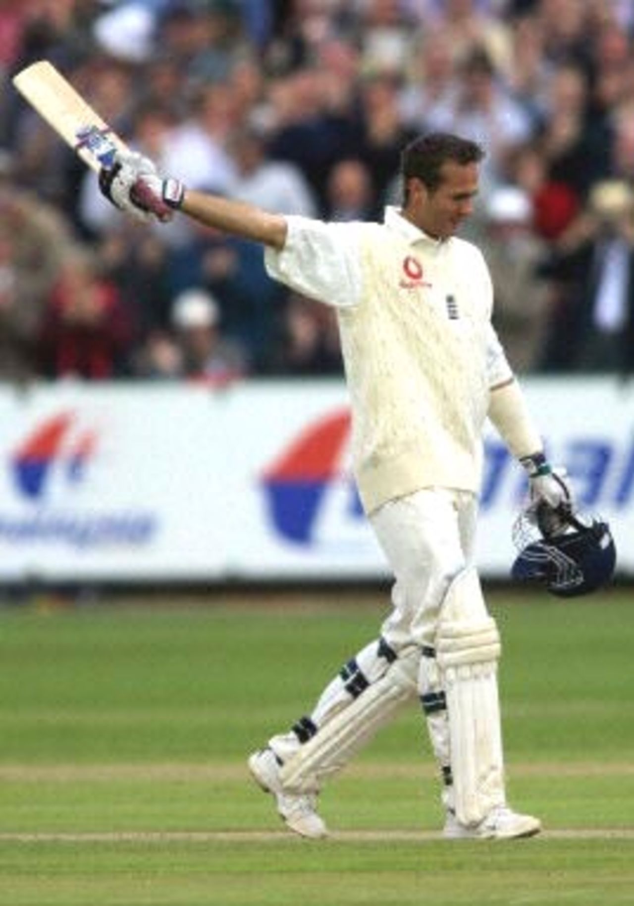 Michael Vaughan celebrating his century, day 3, 2nd Test at Old Trafford, 17-21 May 2001.