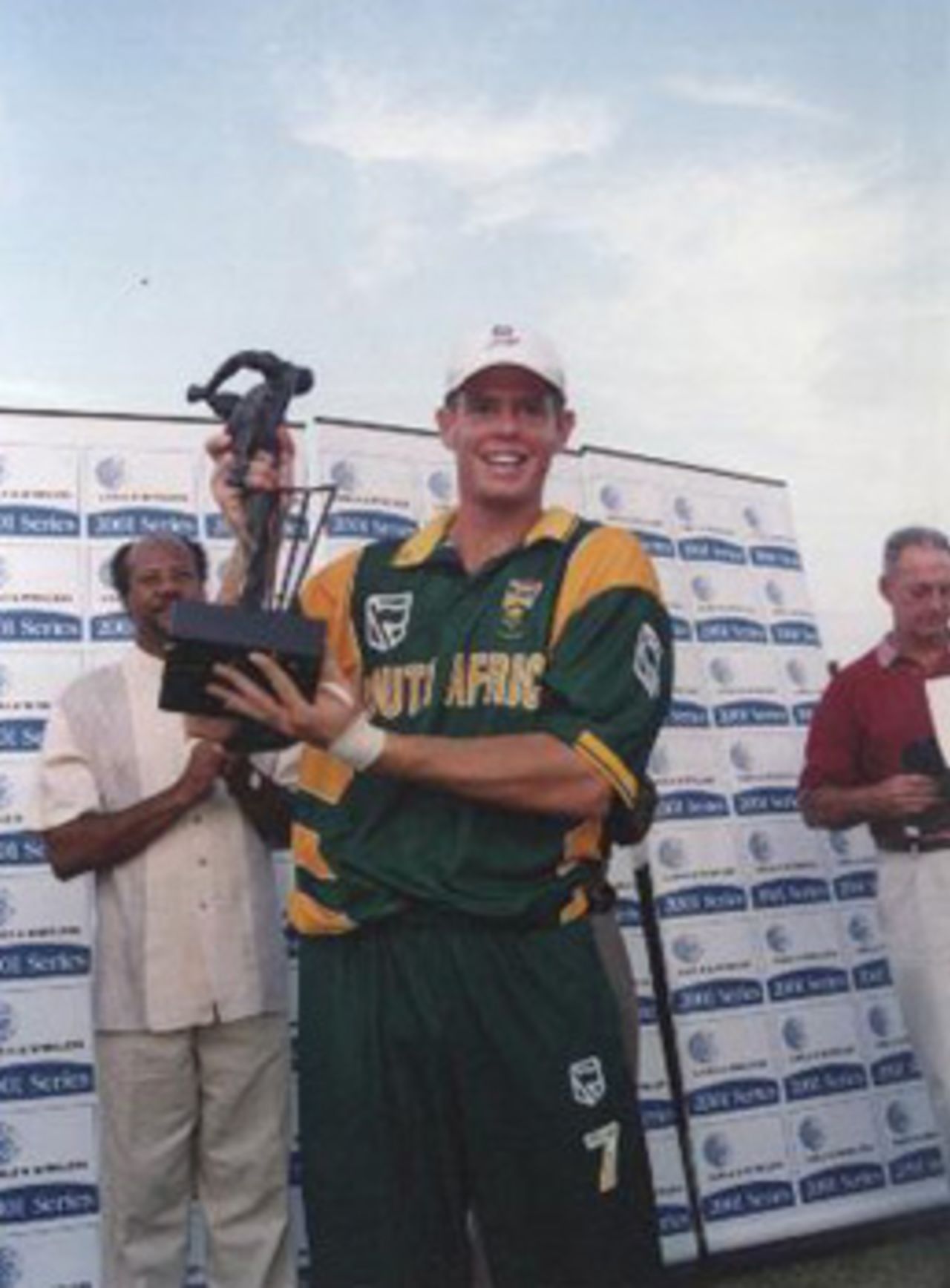 Pollock holding the trophy, 7th ODI West Indies v South Africa, at Arnos Vale Ground, Kingstown, St Vincent, 16 May 2001