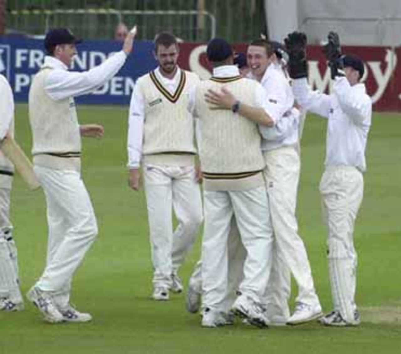 Durham's Steve Harmison gets the congratulations on the wicket of Rob Bailey