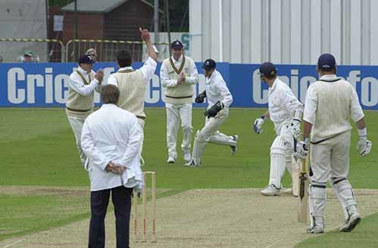 Derbyshire opener Sutton is caught behind by keeper Pratt for 15 off Hunter