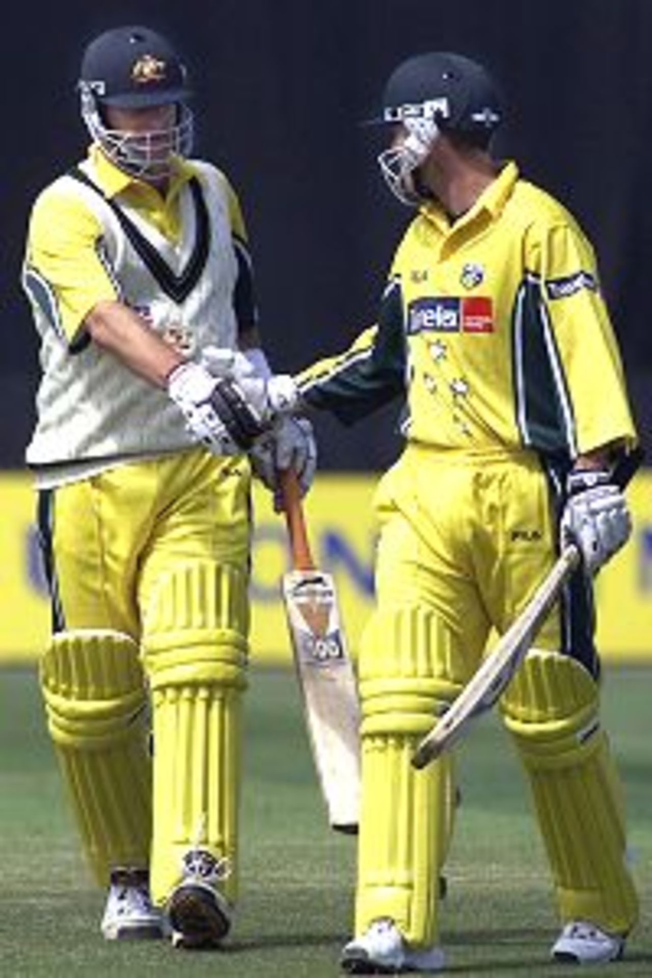 Mark Waugh of Australia congratulates team mate Damien Martyn on his century, during the one day tour match between Northamptonshire and Australia, played at the County Cricket Ground, Northampton, England.