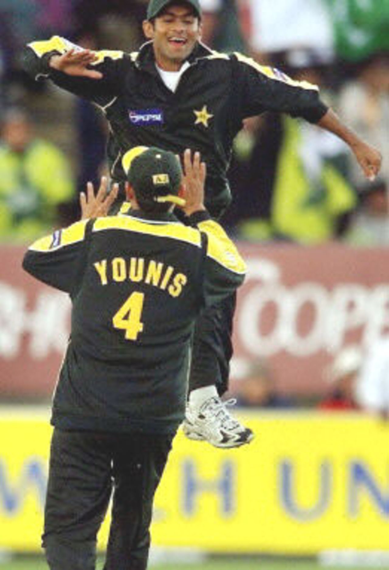 Shoaib Malik leaps in the air taking a sensational catch dismissing Alec Stewart, 1st ODI at Edgbaston, 7 June 2001.