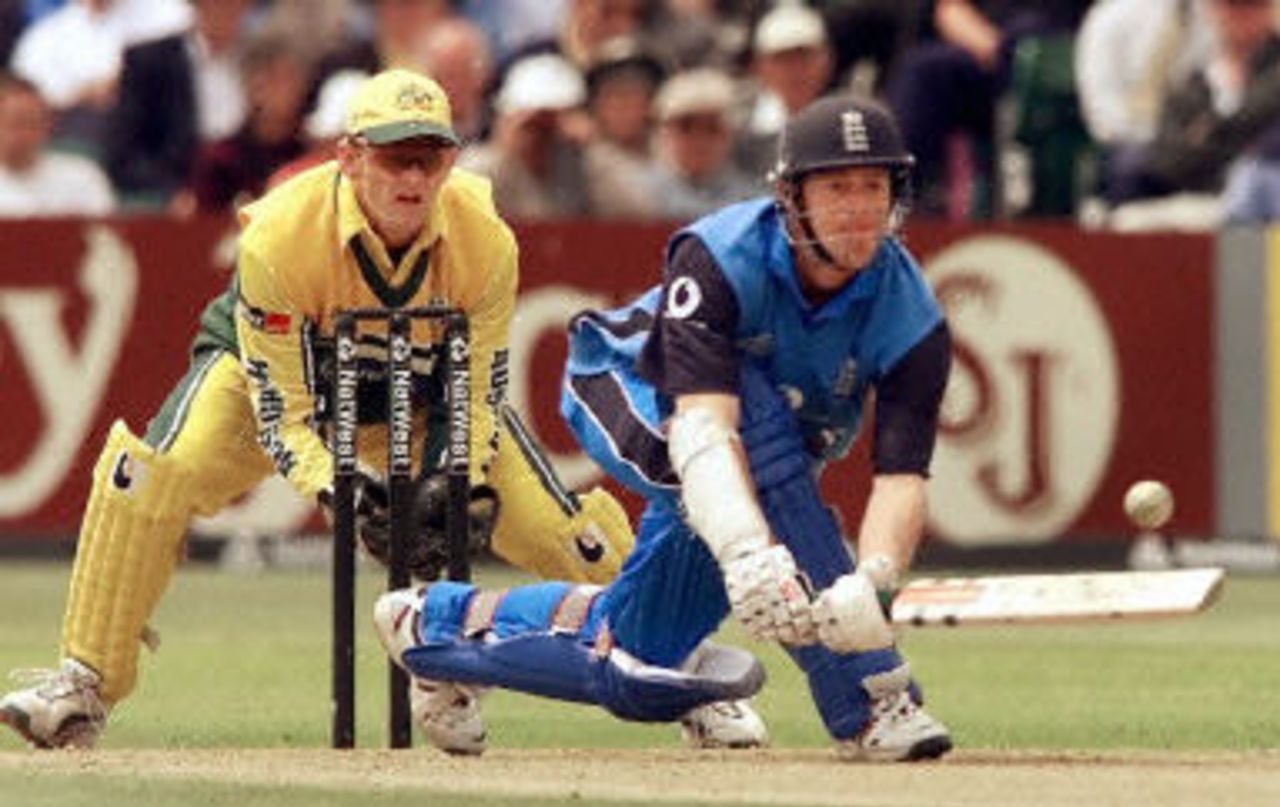 Nick Knight flicks a delivery for four and Adam Gilchrist looks on, 3rd ODI at Bristol, 3rd ODI at Bristol, 10 June 2001.