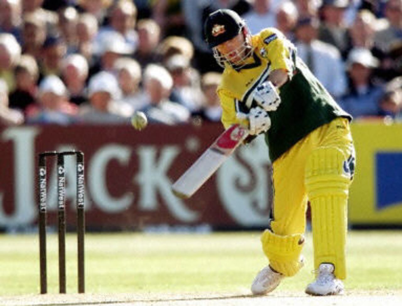 Ian Harvey lofts a ball over mid-off to put Australia within grasp of victory, 3rd ODI at Bristol, 10 June 2001.