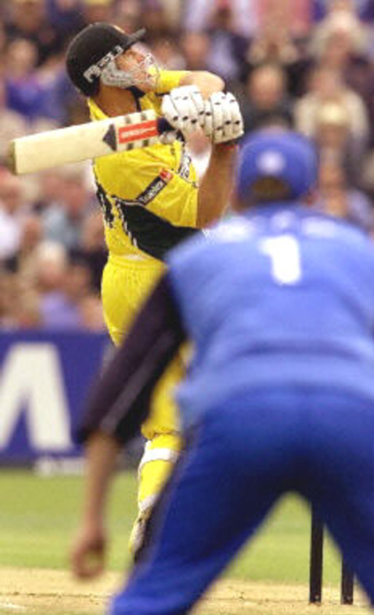 Matthew Hayden hooks only to be caught on the boundary for a duck as Nick Knight looks on, 5th ODI at Old Trafford,14 June 2001.