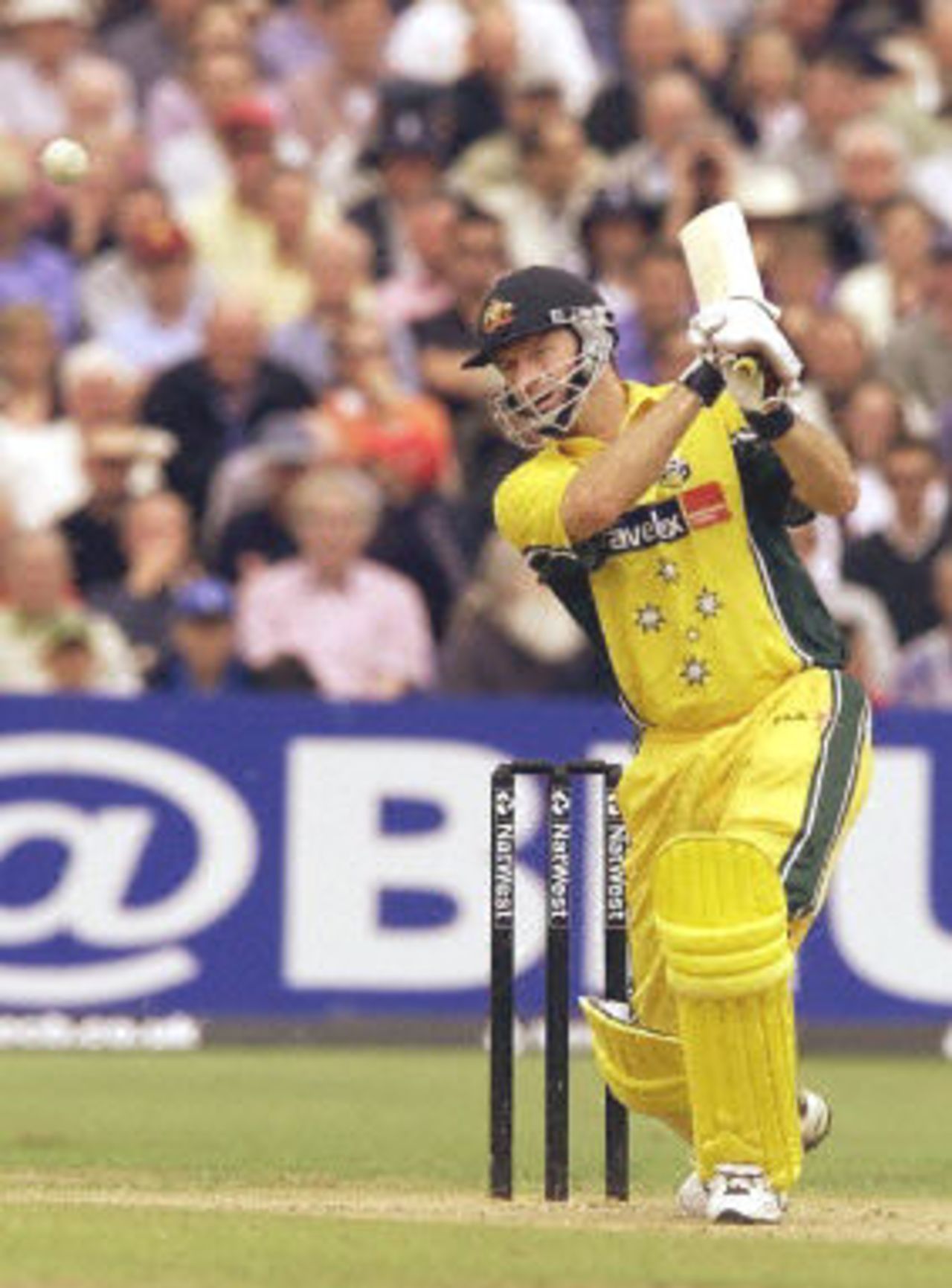 Steve Waugh drives a ball through the covers, 5th ODI at Old Trafford,14 June 2001.