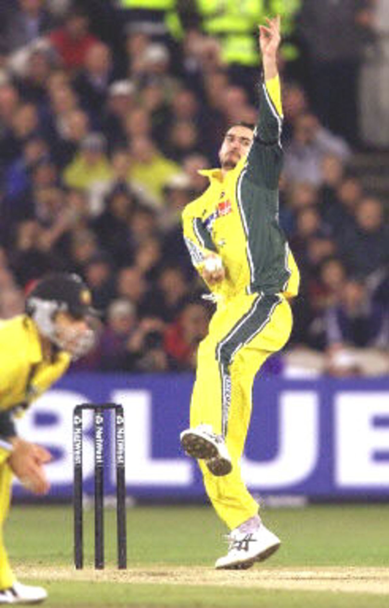 Jason Gillespie delivers a thunderbolt as he destroys the England top order, 5th ODI at Old Trafford,14 June 2001.