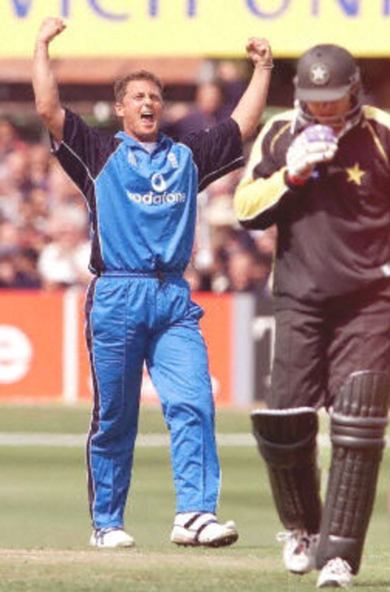 Darren Gough celebrates the wicket of Shahid Afridi, 7th ODI at Headingley, 17 June 2001.