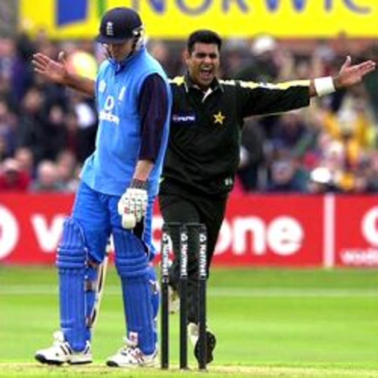 17 Jun 2001: Waqar Younis of Pakistan celebrates taking the wicket of Nick Knight of England during the England v Pakistan NatWest One Day International match at Headingly Stadium, Leeds