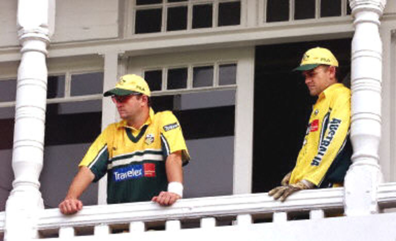 Adam Gilchrist and Mark Waugh survey the scene after Steve Waugh led his team off the field, 8th ODI at Trent Bridge, 19 June 2001.