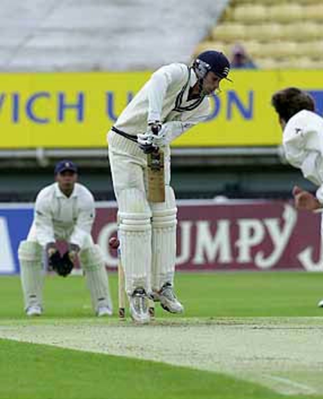 Middlesex batsman Stephen Fleming is hurried up by a Melvyn Betts delivery at Edgbaston