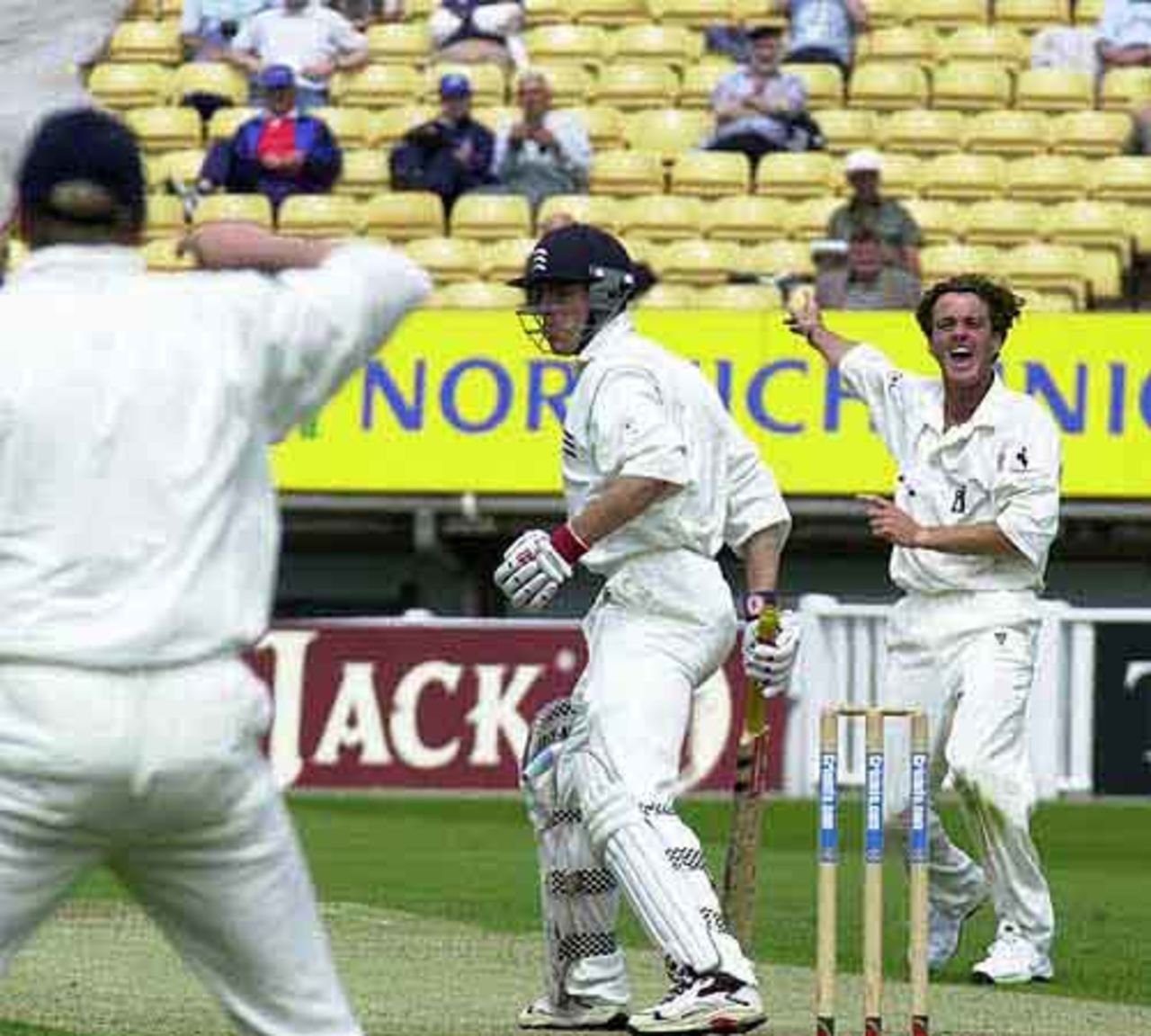 Betts appeals for the wicket of Andrew Strauss but not out