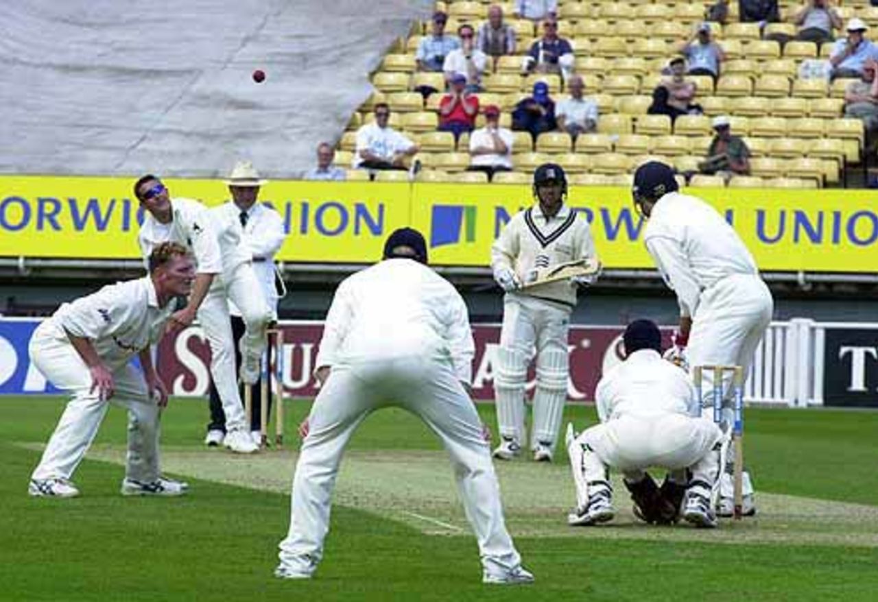 Ashley Giles bowling in his first CricInfo Championship match at Birmingham in the 2001 season