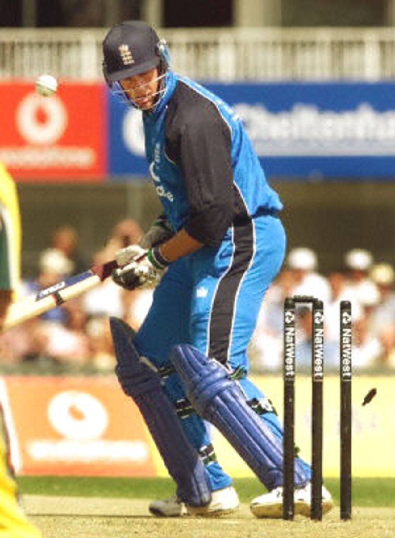 Marcus Trescothick looks at the bail fly after being bowled by Glenn McGrath for a duck, 9th ODI at the Oval, 21 June 2001.