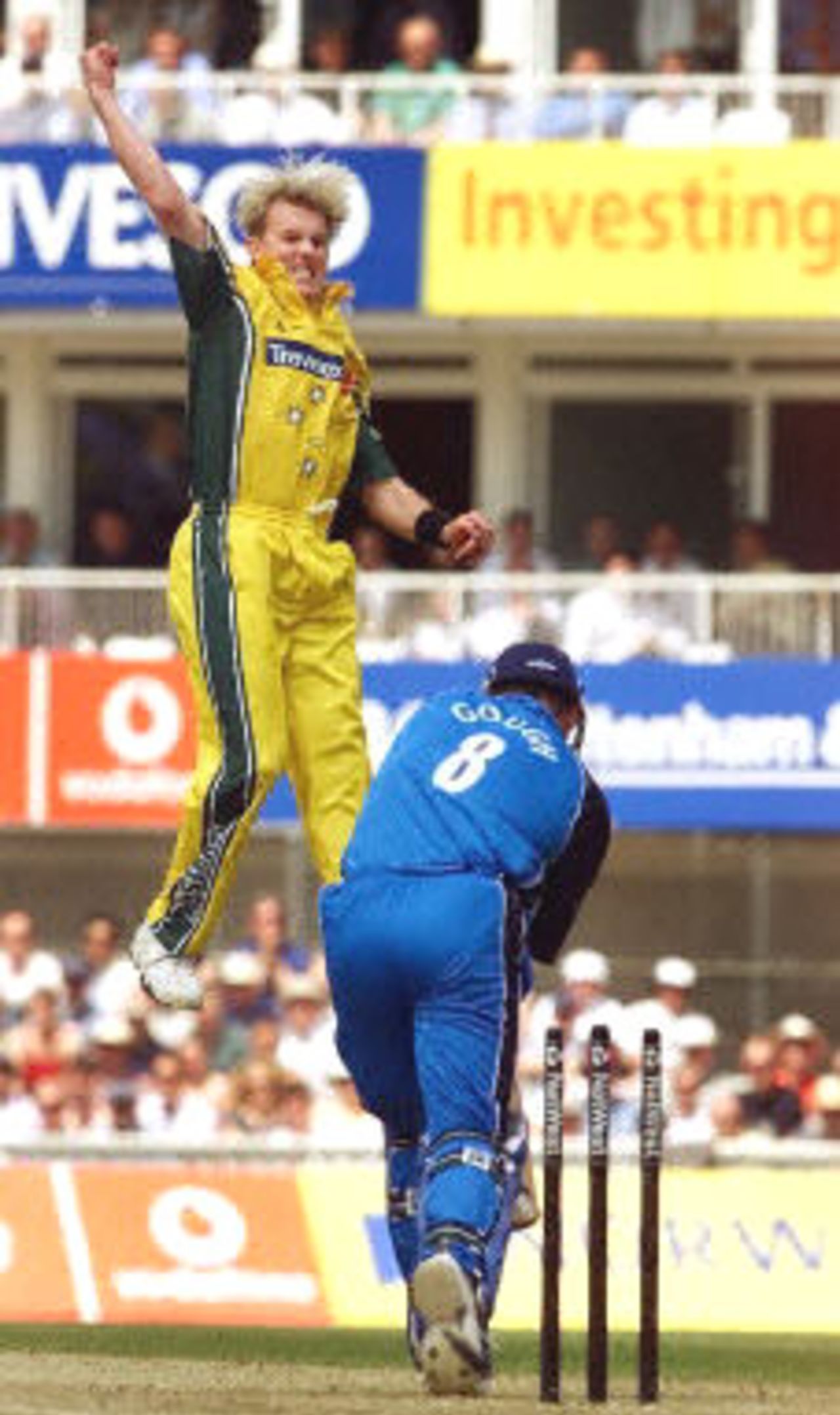 Brett Lee leaps high in the air to dismiss Darren Gough for a golden duck, 9th ODI at the Oval, 21 June 2001.