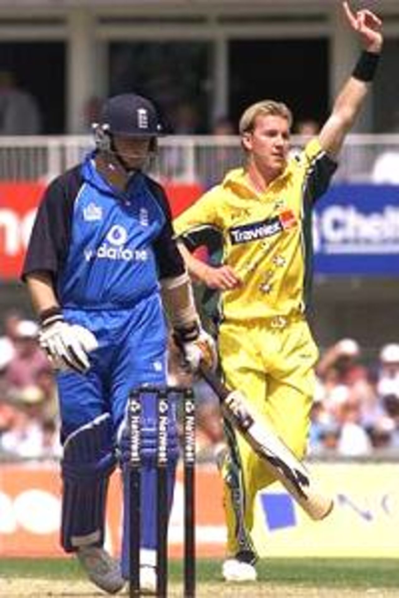 Brett Lee of Australia celebrates after taking the wicket of Alistair Brown of England, caught by Ricky Ponting for one, during the One Day International between England and Australia, played at The Oval, London, England.