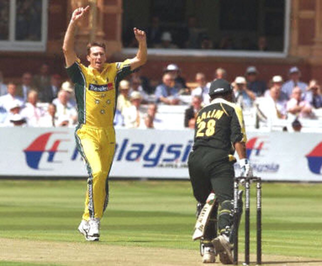 Glenn McGrath celebrates taking the wicket of Saleem Elahi, final ODI at Lords, 23 June 2001.