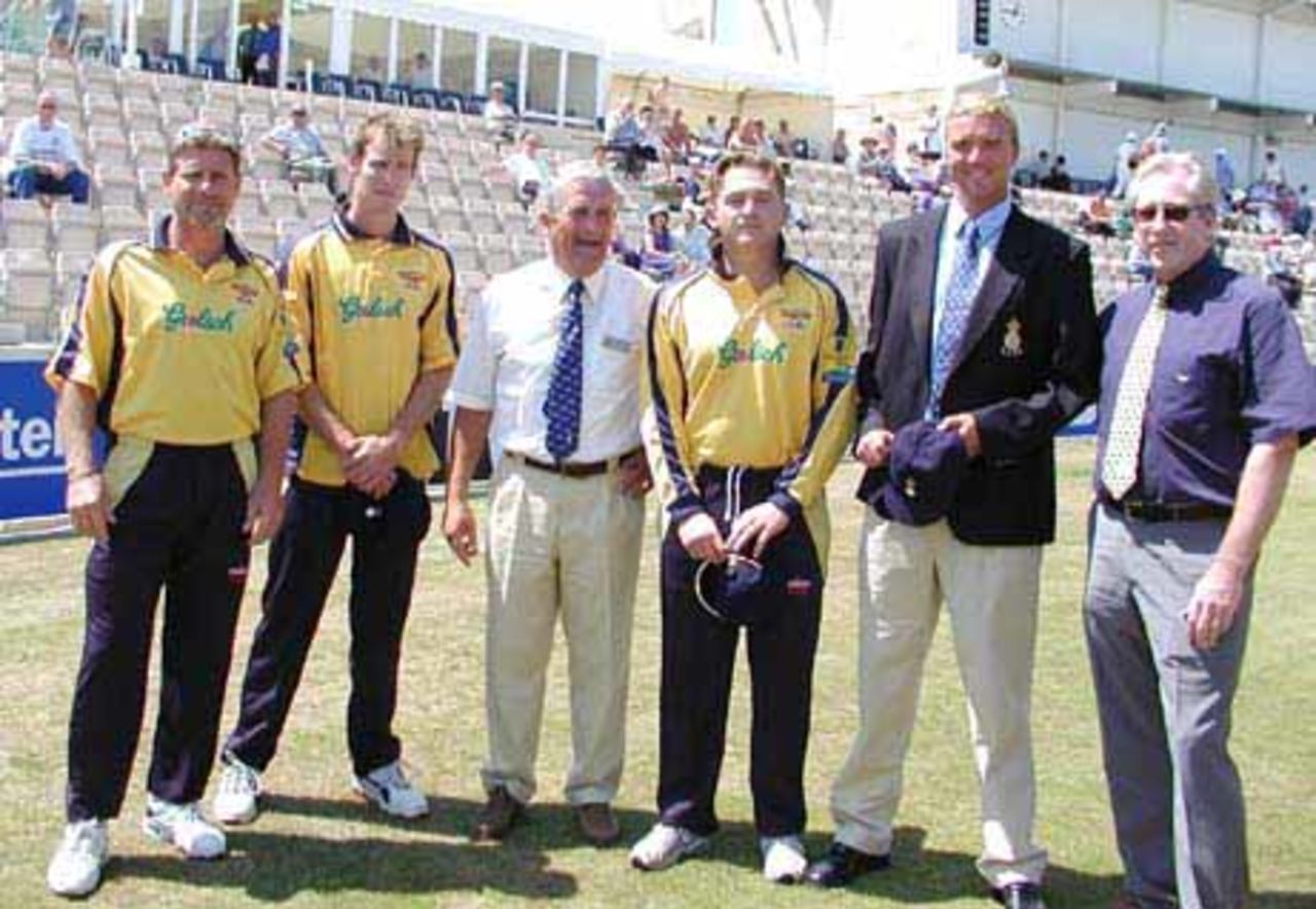 Neil Johnson, Derek Kenway and Alex Morris awarded their county caps by Cricket chairman Dave Robinson, watched by Club chairman Rod Bransgrove and captain Robin Smith.