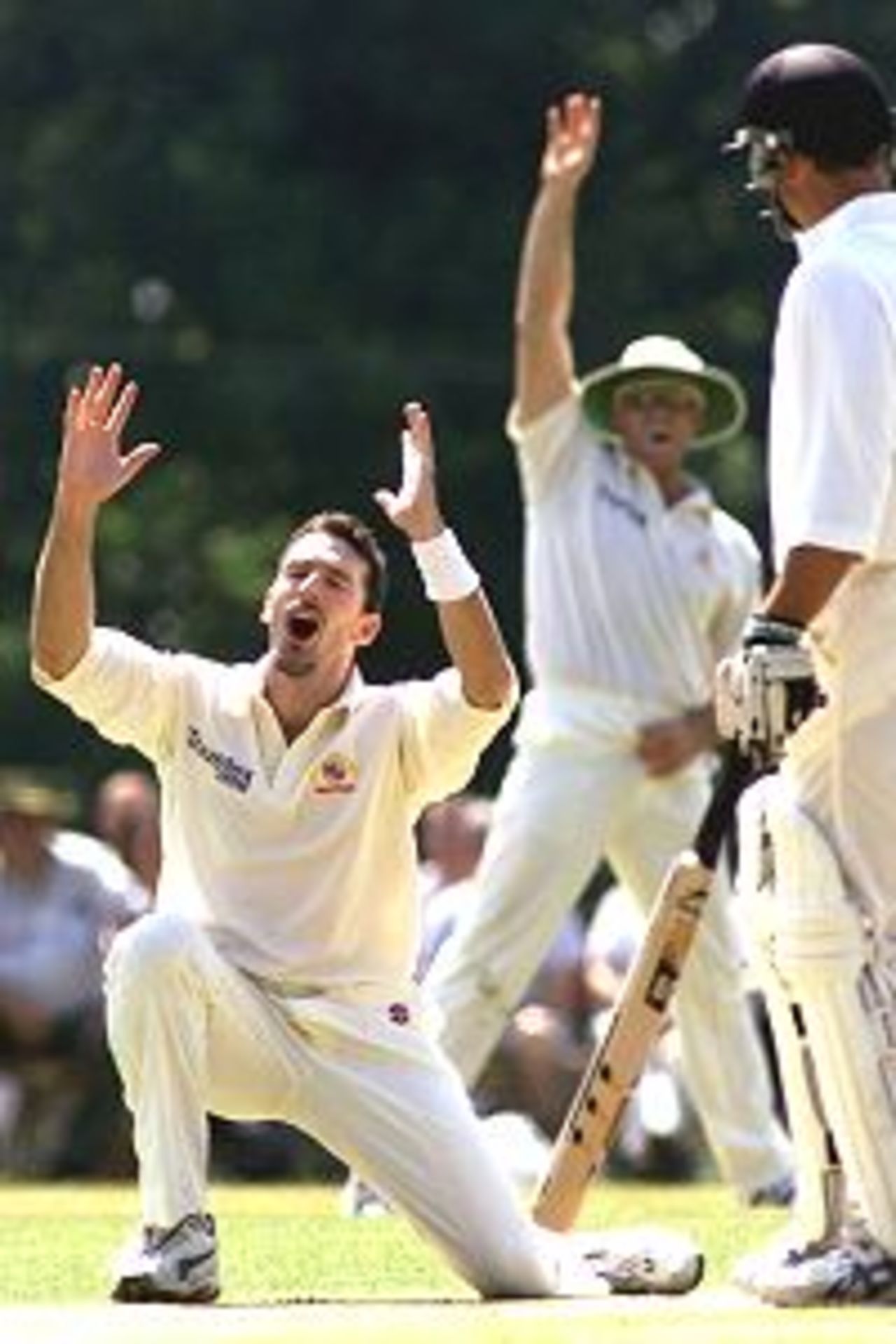 Damien Fleming of Australia shows his frustration at having a LBW appeal against Colin Metson of the MCC turned down, during day two of the tour match between the MCC and Australia, played at Arundel Castle Cricket Ground, Arundel, England.