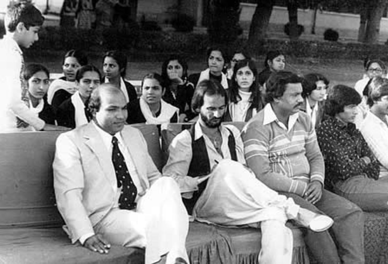 Former Pakistan captain Intikhab Alam, Taslim Arif and Sikandar Bakht watching a match, Lahore College for Women, Lahore