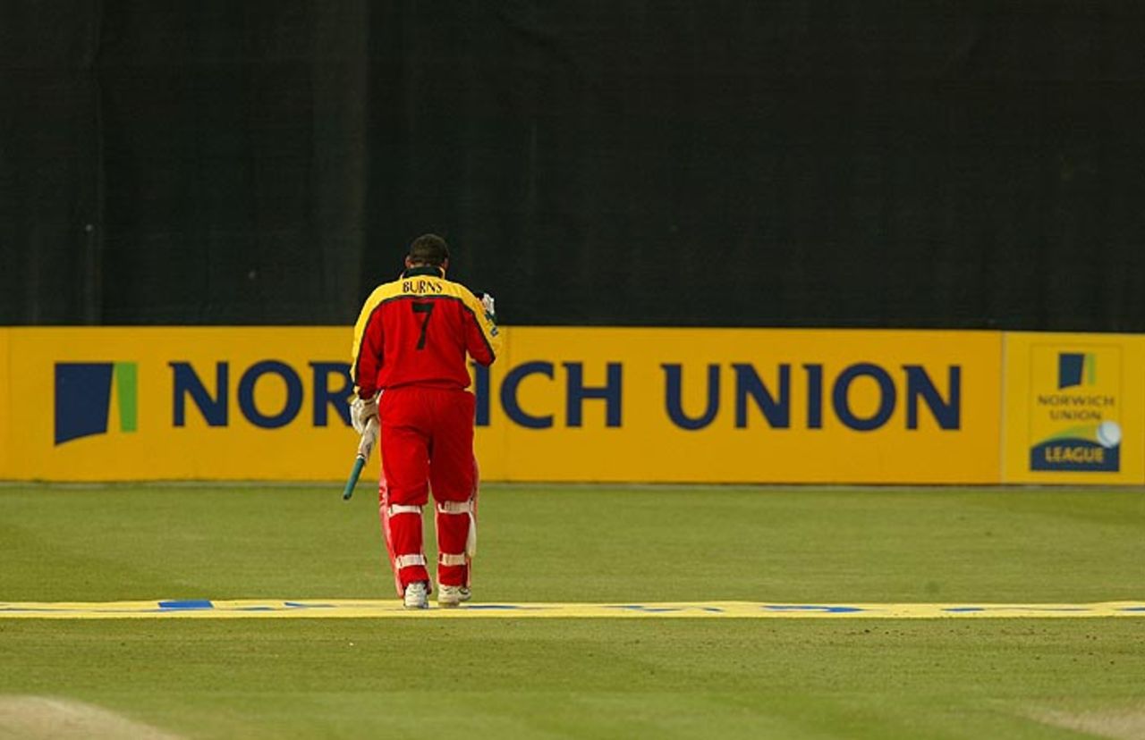 Leicestershire batsman Neil Burns walks off after being dismissed during the Norwich Union League match against Glamorgan at Grace Road, 4 May 2002