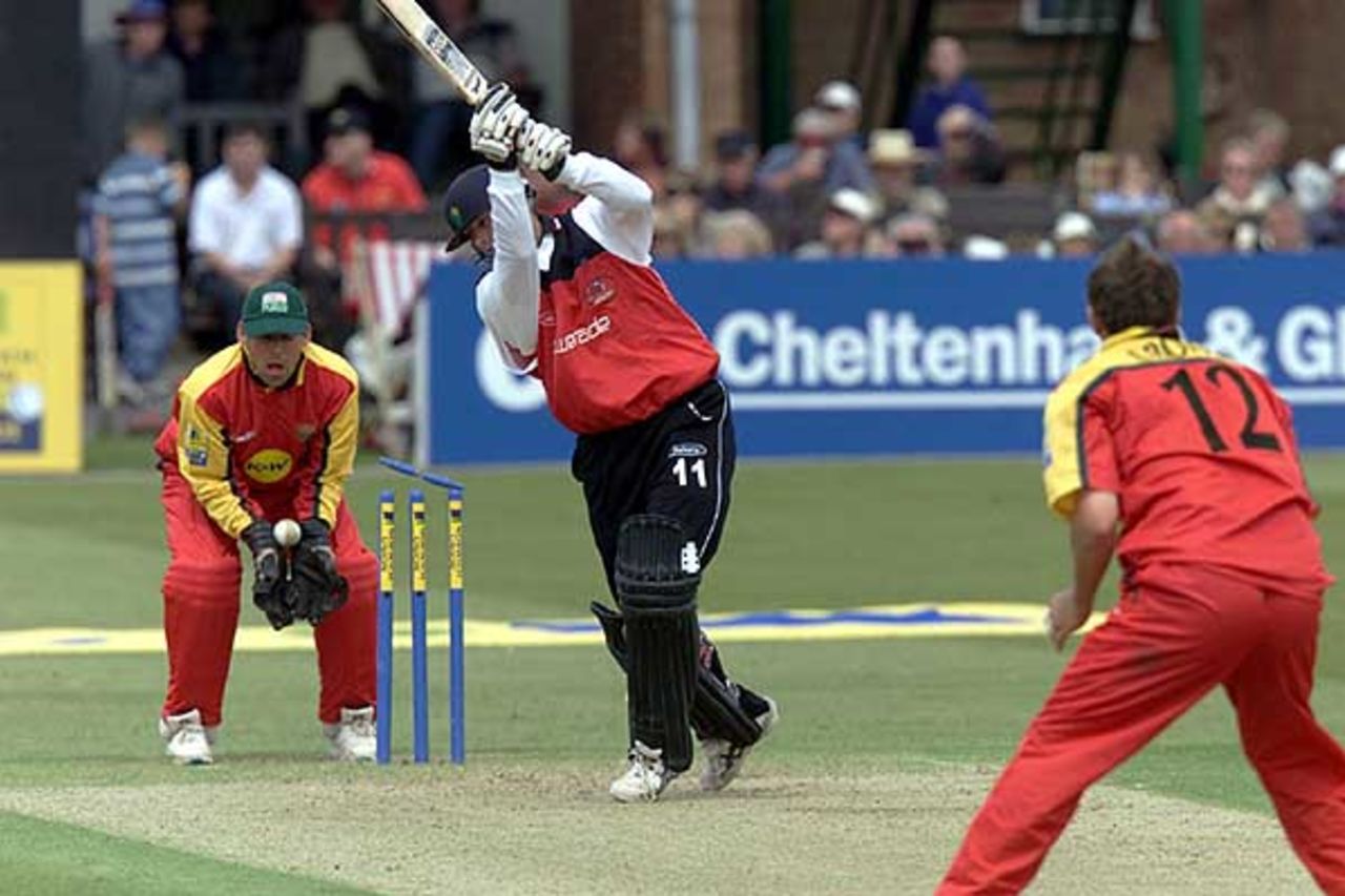 Adrian Dale is bowled by Carl Crowe during the Norwich Union League match between Leicestershire and Glamorgan at Leicester, 4 May 2002