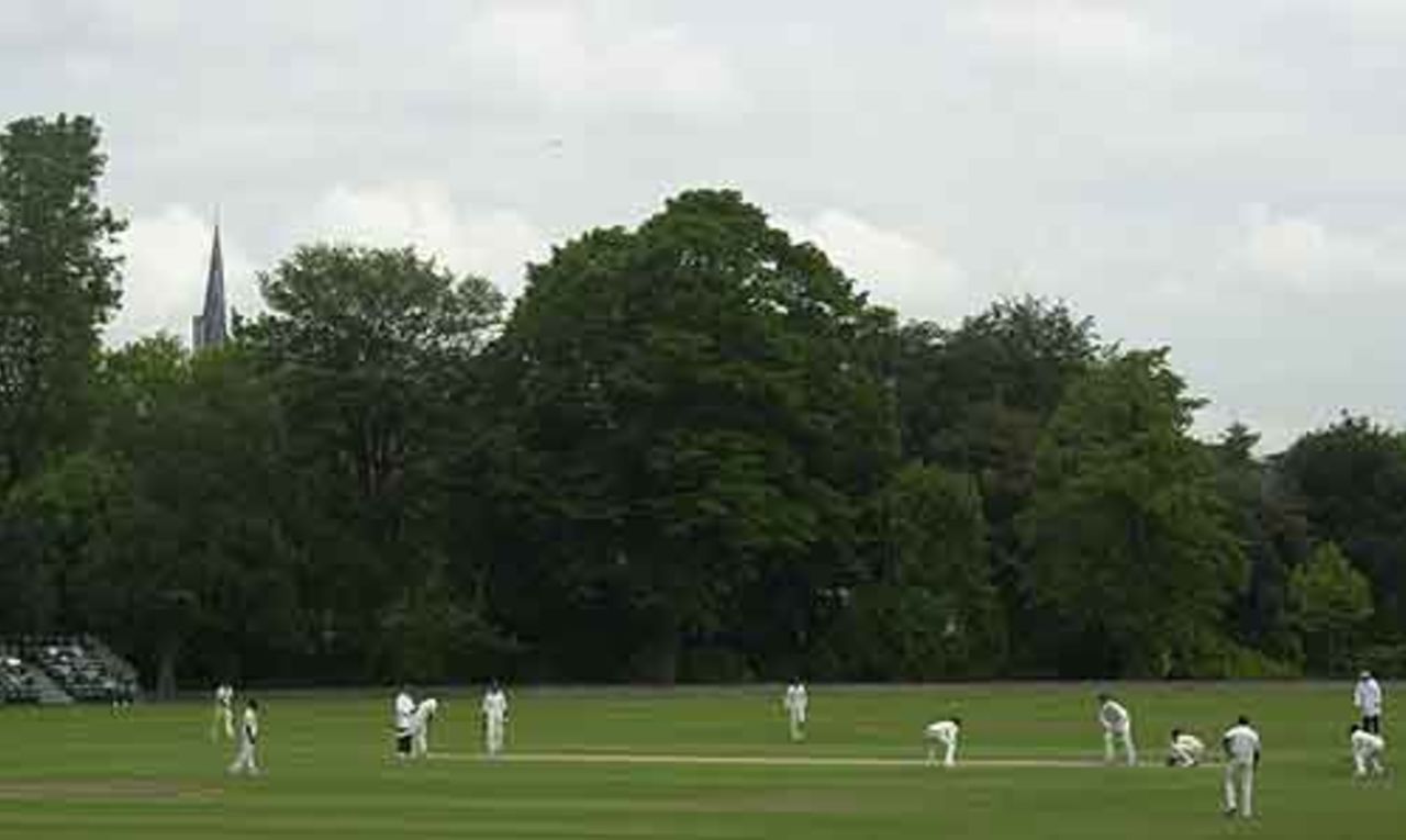 MCC v Sri Lanka at the Queen's Park , Chesterfield.  The twisted spire of St Mary's Church can be seen in the background